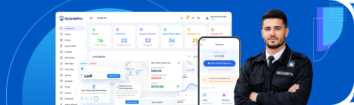 GuardsPro dashboard, mobile app and a security guard